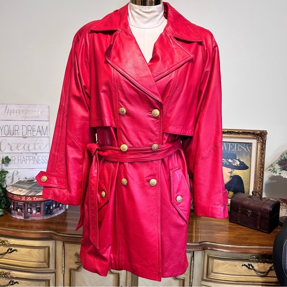 Vintage LNR Red Leather Double Breasted Trench Coat - Picture 2 of 15